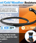 Front view of a 50 ft black 5/8 in rubber garden hose with stainless steel fittings and a high-flow nozzle