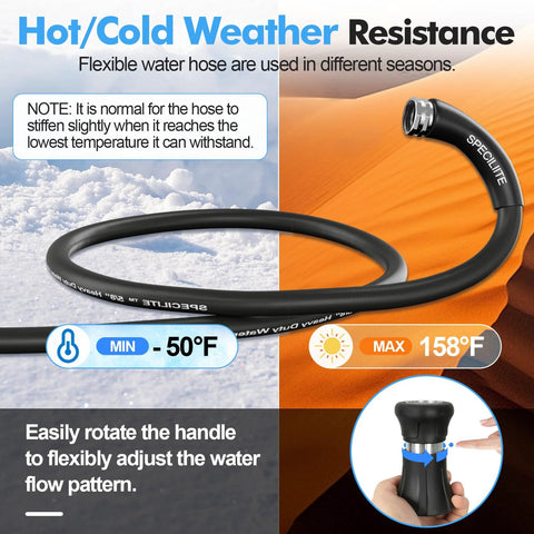 Front view of a 50 ft black 5/8 in rubber garden hose with stainless steel fittings and a high-flow nozzle