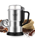 Badass Electric Coffee And Spice Grinder With Hella Fast 150 Watt Motor And Razor Sharp Stainless Blades For Roasted Beans Fine Herbs Plus Mini Kitchen Powder Maker That Crushes Everything In Seconds on a kitchen counter.