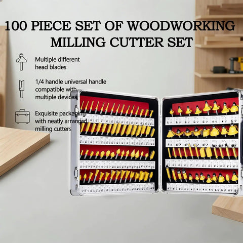 Open display of 100 Piece Router Bits Set With One Quarter Inch Shank Carbide Bits For Woodworking Pro Level Milling Cutter Kit