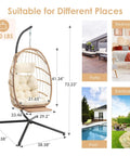 Hanging Egg Chair With Stand And Footrest For Indoor Outdoor Use, Chill Wicker Swing Chair With Aluminum Steel Frame And UV Resistant Cushion, Patio Lounge Hammock Chair, Supports Up To 370 Lbs, Beige.