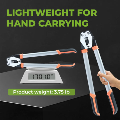 Heavy Duty Manual Strapping Sealer Fits Half To Three Quarter Inch PP Or PET Polyester Strap Delivers Dead Tight Crimps Every Time displayed on scale at 3.75 lb