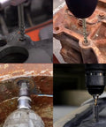 Four close-up views of a 55-Piece Easy Out Bolt Extractor Set with drill bits removing damaged and rusted bolts and screws.