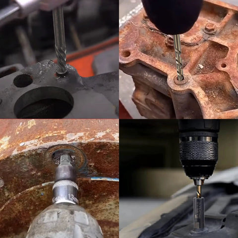 Four close-up views of a 55-Piece Easy Out Bolt Extractor Set with drill bits removing damaged and rusted bolts and screws.