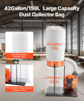 Beast 1100 CFM Dust Collector with 42 Gallon filter bag and 35 Gallon dust bag in woodworking shop.