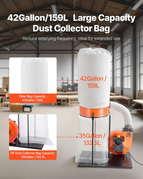 Beast 1100 CFM Dust Collector with 42 Gallon filter bag and 35 Gallon dust bag in woodworking shop.