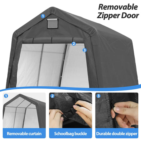 Tough As Nails 10 By 10 Outdoor Portable Storage Shed with removable zipper door, showing curtain, buckle, and double zipper detail.