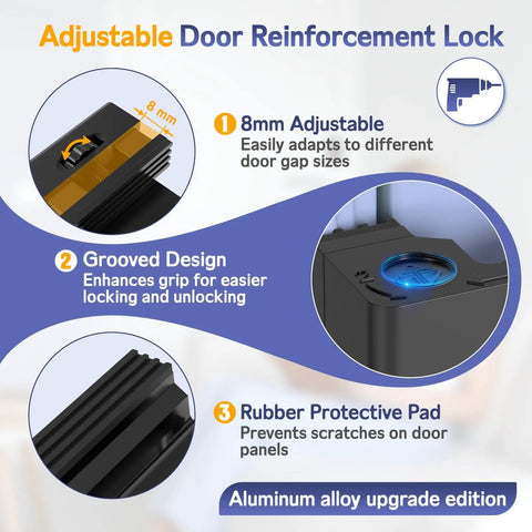 Built Tough Heavy Duty Door Reinforcement Lock For Inward Swinging Doors Screw Mounted Safety Latch With 800 Lb Strength Aluminum Alloy Build Adjustable Knob Ideal For Apartments And Hotels Black 1 Pack, showing adjustable 8mm latch, grooved design, and rubber protective pad.