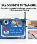 Table Saw For Woodworkers With Adjustable Vertical Blade Rugged Copper Motor And Rock Solid Aluminum Build, showcasing blade mechanism and precision cutting features.