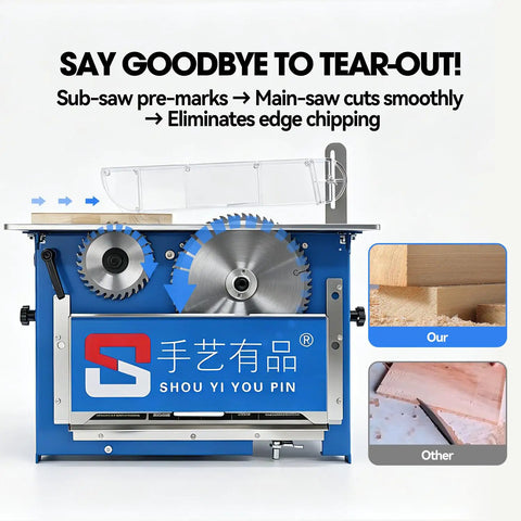 Table Saw For Woodworkers With Adjustable Vertical Blade Rugged Copper Motor And Rock Solid Aluminum Build, showcasing blade mechanism and precision cutting features.