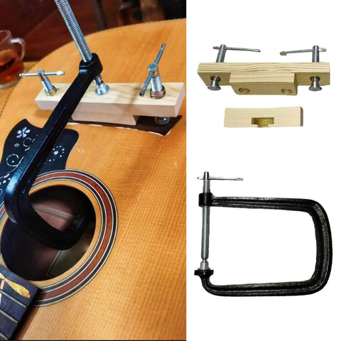 Easy Use Acoustic Guitar Bridge Install Clamp Kit For Folk Guitars, Glue And Seam Repair Tool in use, metal and wood parts visible