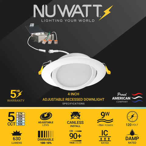 4 Inch Gimbal LED Recessed Light Canless Eyeball LED Fixture With 5 CCT Selectable 2700K 3000K 3500K 4000K 5000K Dimmable