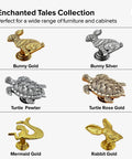 Six Pack Bunny Silver Animal Cabinet Knobs for cabinets, dressers, closets shown with other designs from Enchanted Tales Collection.