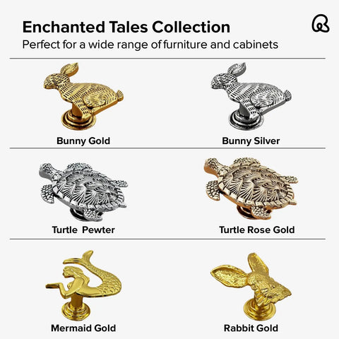 Six Pack Bunny Silver Animal Cabinet Knobs for cabinets, dressers, closets shown with other designs from Enchanted Tales Collection.