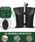 Black 130 Lbs 4 Pack Universal Canopy Weights with reinforced pockets, wrap around installation on shelter leg, materials fit in bag