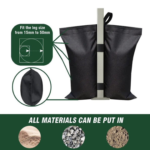Black 130 Lbs 4 Pack Universal Canopy Weights with reinforced pockets, wrap around installation on shelter leg, materials fit in bag