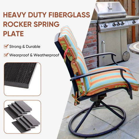Rock Solid Black Patio Chair Spring Plates 8 Pack Heavy Duty Fiberglass Replacement Springs Fits Like A Glove For Universal Outdoor Swivel Rocker Upgrades on a swivel chair with colorful cushion.