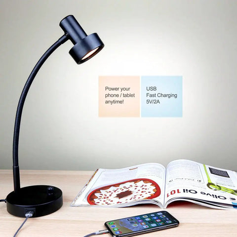 Dimmable LED Desk Lamp with USB Charging Port 5V 2A Full Range Dimming Flexible Gooseneck in Vintage Black on desk next to phone