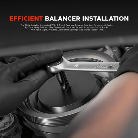 Close-up of GM Harmonic Balancer Puller And Crank Pulley Install Tool in use on engine, showcasing efficient installation.