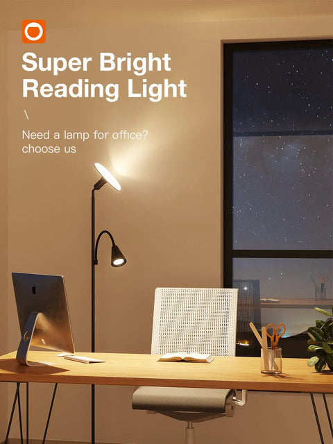 Torchiere Floor Lamp With Adjustable Reading Light Remote Control And Foot Switch in office setting next to desk and chair