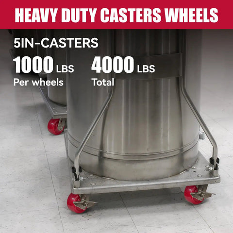 Heavy Duty Industrial Casters With Tough As Nails Solid Polyurethane Wheels And Rust Proof Stainless Steel Brackets, 2 Rigid 2 Swivel Set For Factory Gear, Beefy 4000 Lbs Capacity Made In Usa For No Sweat Moving on a stainless steel cart.