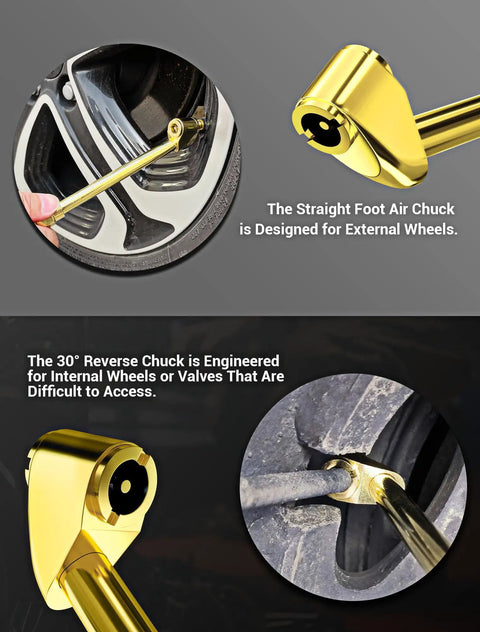 Garage Ready Dual Head Air Chuck Set With Closed Flow One Quarter Inch NPT Heavy Duty Tire Inflation Kit showing air chucks in use