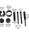 Power Steering Pulley Puller And Installer Kit components with bolts, pressure screws, and tools for Ford GM VW Chrysler cars.