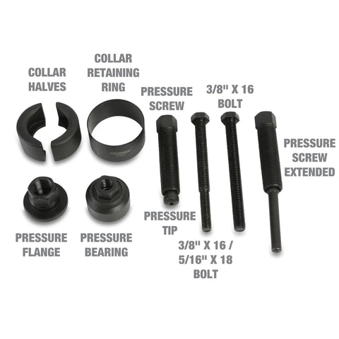 Power Steering Pulley Puller And Installer Kit components with bolts, pressure screws, and tools for Ford GM VW Chrysler cars.