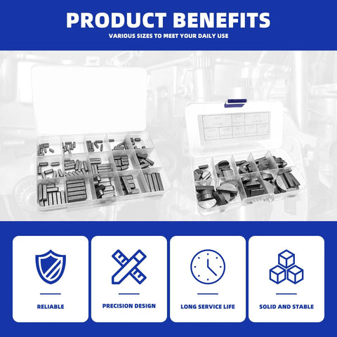 Keyway Key Stock Assortment Kit With 140 Round End Keys And 80 Woodruff Half Moon Keys Plus 2 Tweezers 220 Pieces displayed
