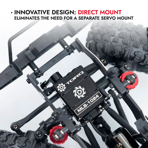 Direct Mount High Torque Coreless Servo for 1 to 18 RC Cars, shown directly mounted in a crawler without separate mount.