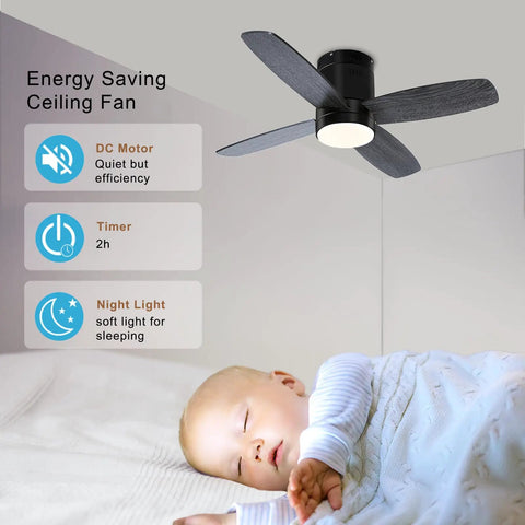 38 Inch Flush Mount Ceiling Fan With Light Remote And App Control Dimmable LED Light Quiet DC Motor over sleeping baby