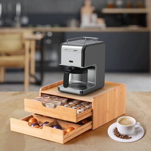 No-Fuss All-In-One Bamboo Drawer Organizer For Keurig K Cup Pods And Tea Bags With Adjustable Dividers under coffee machine