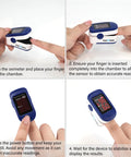 Fingertip Pulse Oximeter With Batteries Included For Quick SpO2 And Pulse Rate Readouts, Large LED Display, Navy Blue, Built For Athletes, Travelers, Climbers, Runners And Everyday Health Enthusiasts. Blue fingertip pulse oximeter on finger