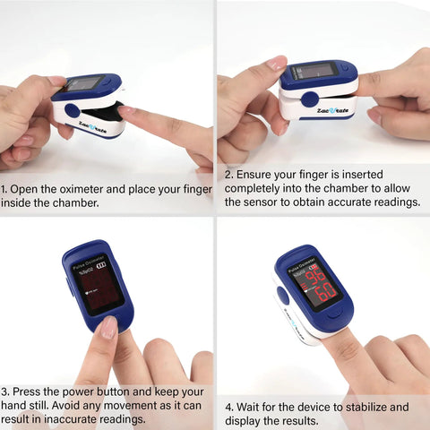 Fingertip Pulse Oximeter With Batteries Included For Quick SpO2 And Pulse Rate Readouts, Large LED Display, Navy Blue, Built For Athletes, Travelers, Climbers, Runners And Everyday Health Enthusiasts. Blue fingertip pulse oximeter on finger