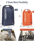 Dual Pack Compression Laundry Bag For Travel, Pump-Free Wet-Dry Organizer in navy blue and orange, two sizes shown