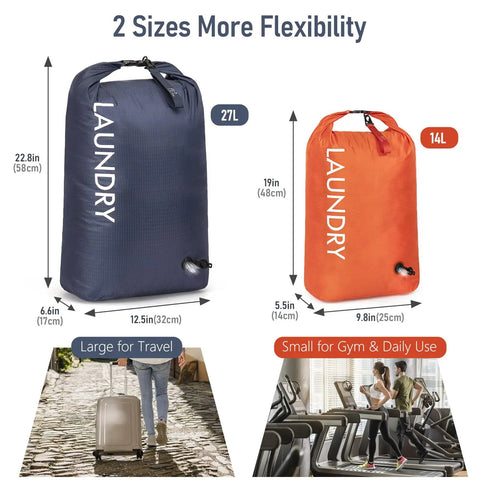 Dual Pack Compression Laundry Bag For Travel, Pump-Free Wet-Dry Organizer in navy blue and orange, two sizes shown