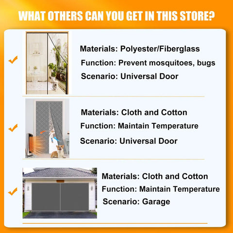 Comparison chart of garage door screens with materials, functions, and scenarios, featuring Heavy Duty Magnetic Garage Screen Door 16x7 Ft Fits 2 Car Garages, Fiberglass 2300g, Hands Free, Roll Up Straps, Ideal for Patio Outdoor Gym Sunroom Porch, Black.