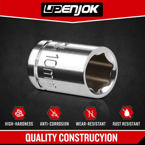 Two Piece One Quarter Inch Drive 10mm Socket Set Shallow Profile Mirror Finish CRV Steel Six Point Design For Hard to Reach Fasteners Great For Auto Motorcycle Bike Maintenance And DIY Projects, close-up of single socket highlighting six-point design and durability features.