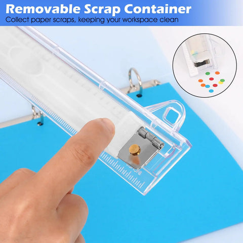 Portable 3 Hole Punch For 3 Ring Binders With One Quarter Inch Holes, Lightweight And Durable Three Hole Puncher With Scrap Tray, 10 Inch Ruler, 5 Sheets Capacity, No Fuss For School And Office Use showing removable scrap container.