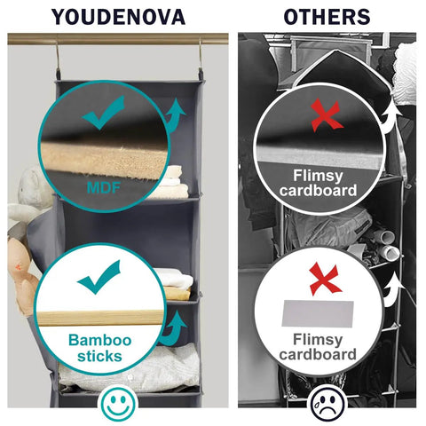 Comparison of 6 Shelf Hanging Closet Organizer Set In Grey with bamboo and MDF supports vs flimsy cardboard alternatives