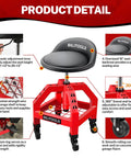Diagram of Adjustable Rolling Shop Stool With 360 Degree Swivel Padded Seat And Backrest Height Range From About Twenty One And A Half To About Twenty Nine And A Half Inches 330 Pound Weight Capacity Wheels And Tool Storage Shelf For Garage Workshop Auto Repair highlighting features.