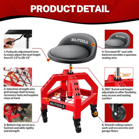 Diagram of Adjustable Rolling Shop Stool With 360 Degree Swivel Padded Seat And Backrest Height Range From About Twenty One And A Half To About Twenty Nine And A Half Inches 330 Pound Weight Capacity Wheels And Tool Storage Shelf For Garage Workshop Auto Repair highlighting features.