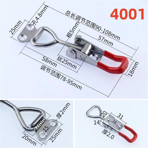 10 Piece Quick Release Toggle Clamp Set With Adjustable Anti Slip Push Pull Latch in detail with measurements and red handle.