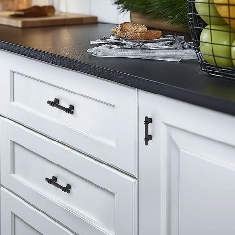 White kitchen cabinets with 3 Inch Black Cabinet Handles 30 Pack Square Zinc Alloy Pulls For Kitchen Dresser Closet And Bathroom Cabinets Hardware