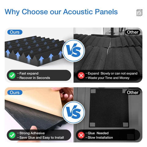 Comparison of Twelve Pack Self Adhesive Acoustic Foam Panels One Inch Thick High Density Quick Recovery Sound Proof Wall Tiles for Gaming Room and Home Studio.