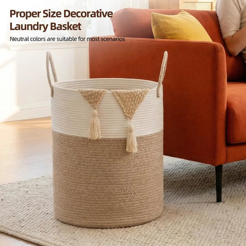 Real Deal Laundry Hamper With Safe Rounded Edges, Legit Nursery Stash Bin For Cozy Blankets And Small Gear, Big Capacity Soft Basket For Easy Home Organization In Earthy Brown And Bright White