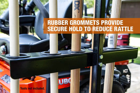 Vertical Hand Tool Rack for Open Trailers with rubber grommets holding up to six straight handle tools securely upright