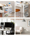 White Rolling Office Paper Organizer With Mobile Book Cart in various settings: classroom, study, office, and living room.