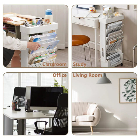 White Rolling Office Paper Organizer With Mobile Book Cart in various settings: classroom, study, office, and living room.