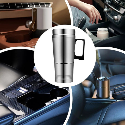 Built Different Twin Voltage Car Kettle That Keeps Your Morning Brew Hot Without The Hassle Featuring Slick Stainless Steel Body in car cup holder.